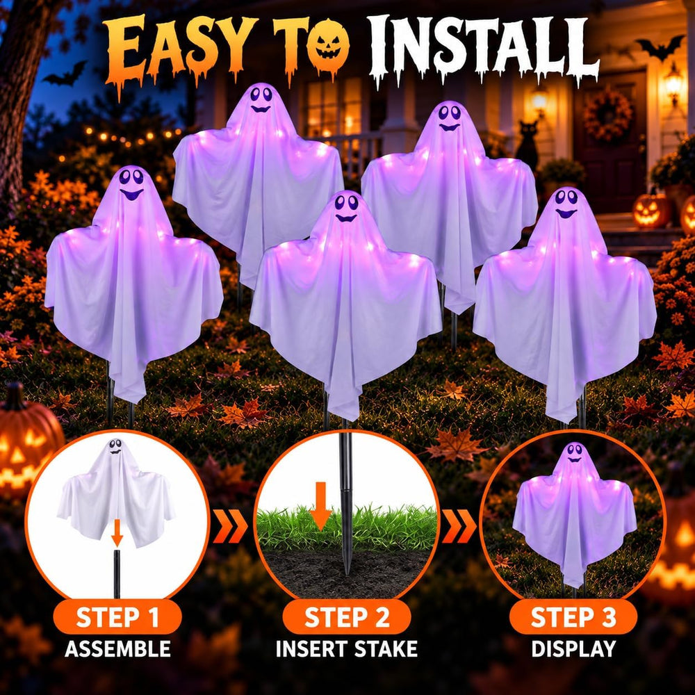 5 Pack Halloween Decorations Outdoor Lighted Ghost Stakes, Spooky Glowing Pur...