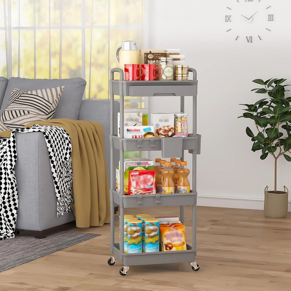 4 Tier Rolling Utility Cart with Drawer, Plastic Storage Organizer Rolling Ca...