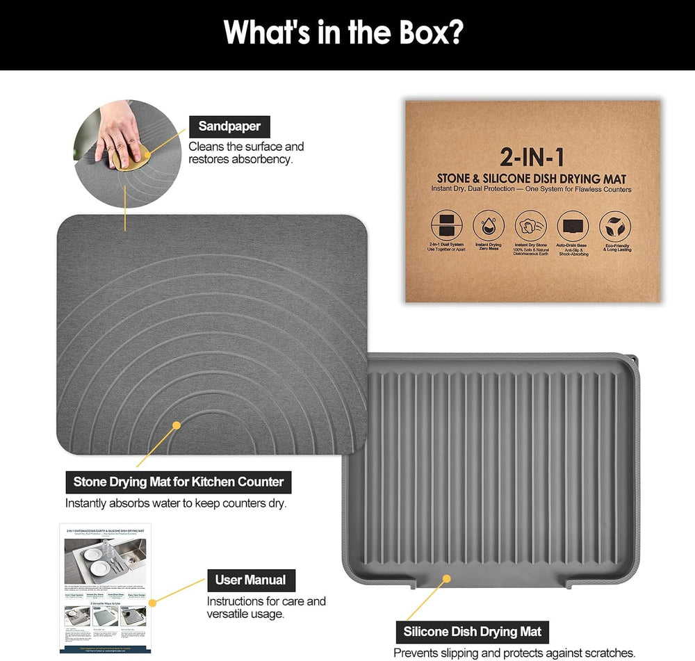 2-in-1 Stone & Silicone Dish Drying Mat, Grey_Ring line, 12.5"x15.6&...