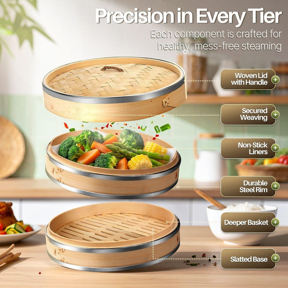 Flexzion 10-Inch Bamboo Steamer Basket Set with Stainless Steel Banding