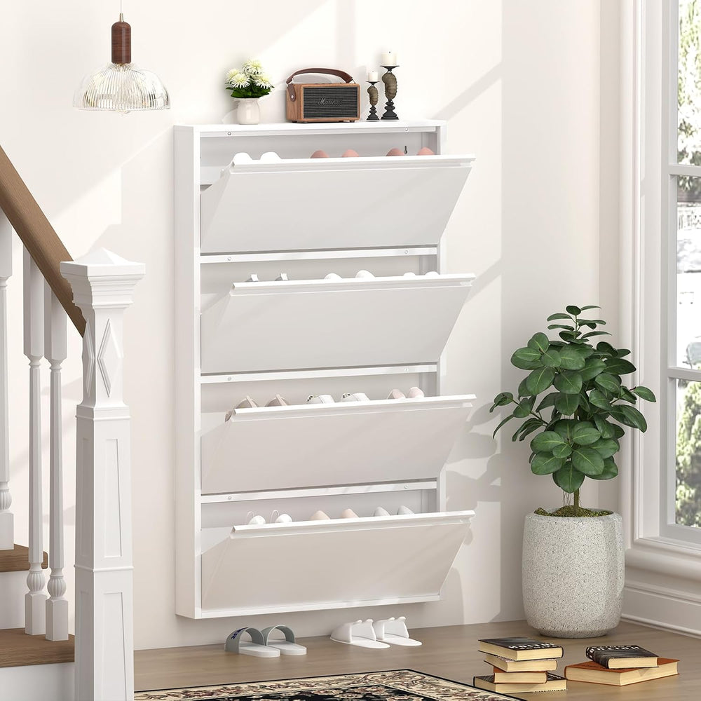 GREATMEET Slim Wall Mounted Metal Storage Cabinet with 4 Flip Drawers