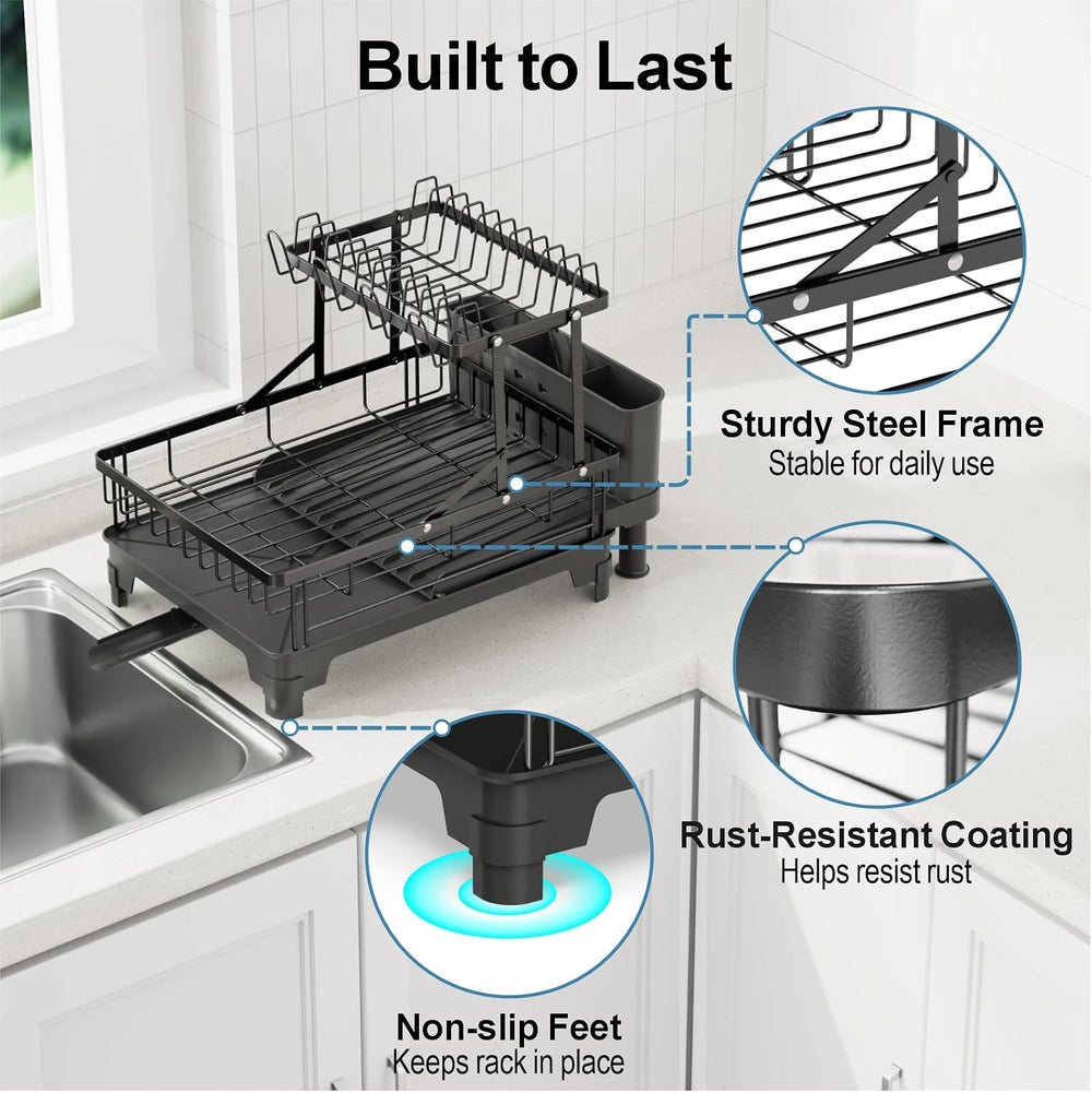 GSlife Large Expandable 2 Tier Dish Drying Rack for Kitchen Counter, Black
