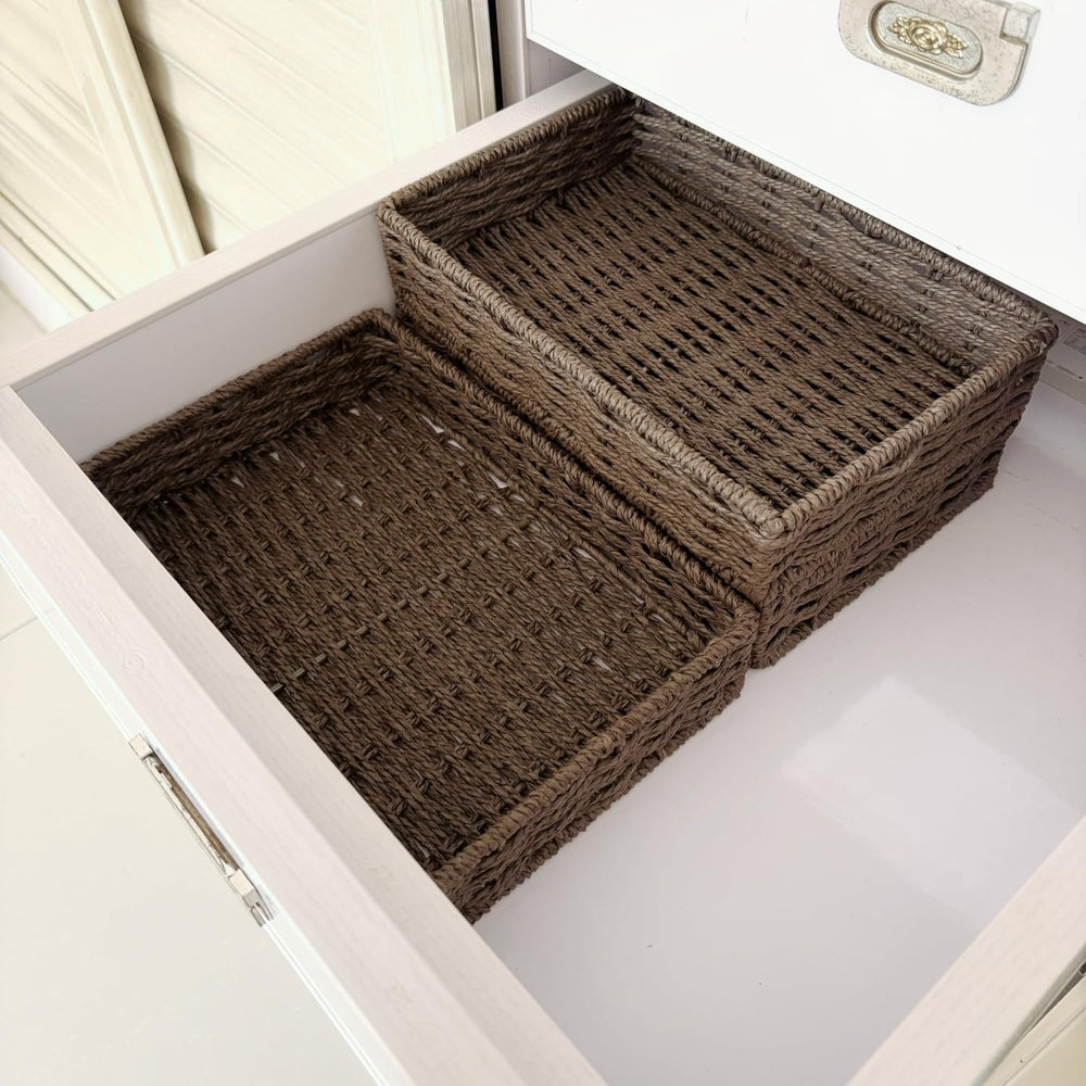 4PCS Small Woven Paper Rope Shallow Basket Organizing,Dark Brown