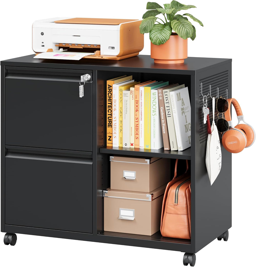 Mobile File Cabinet with Side Hook, 2 Drawer Lateral File Cabinet with Lock f...