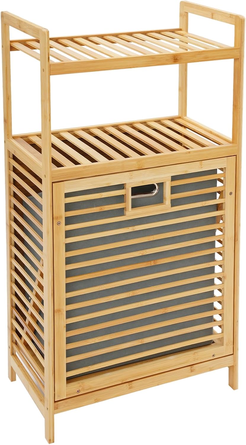 3-Tier Bamboo Tilt Out Laundry Basket,Floor Standing Laundry Hamper with Remo...