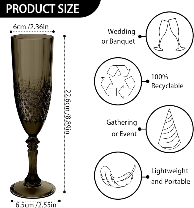 Plastic Champagne Flutes, 24PCS Black Wine Glasses Goblets Cups Reusable Flut...