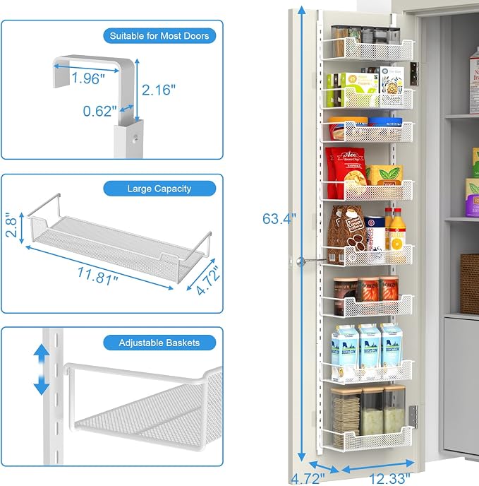12.3" W Narrow Over the Door Pantry Organizer, 8-Tier Over the Door Orga...