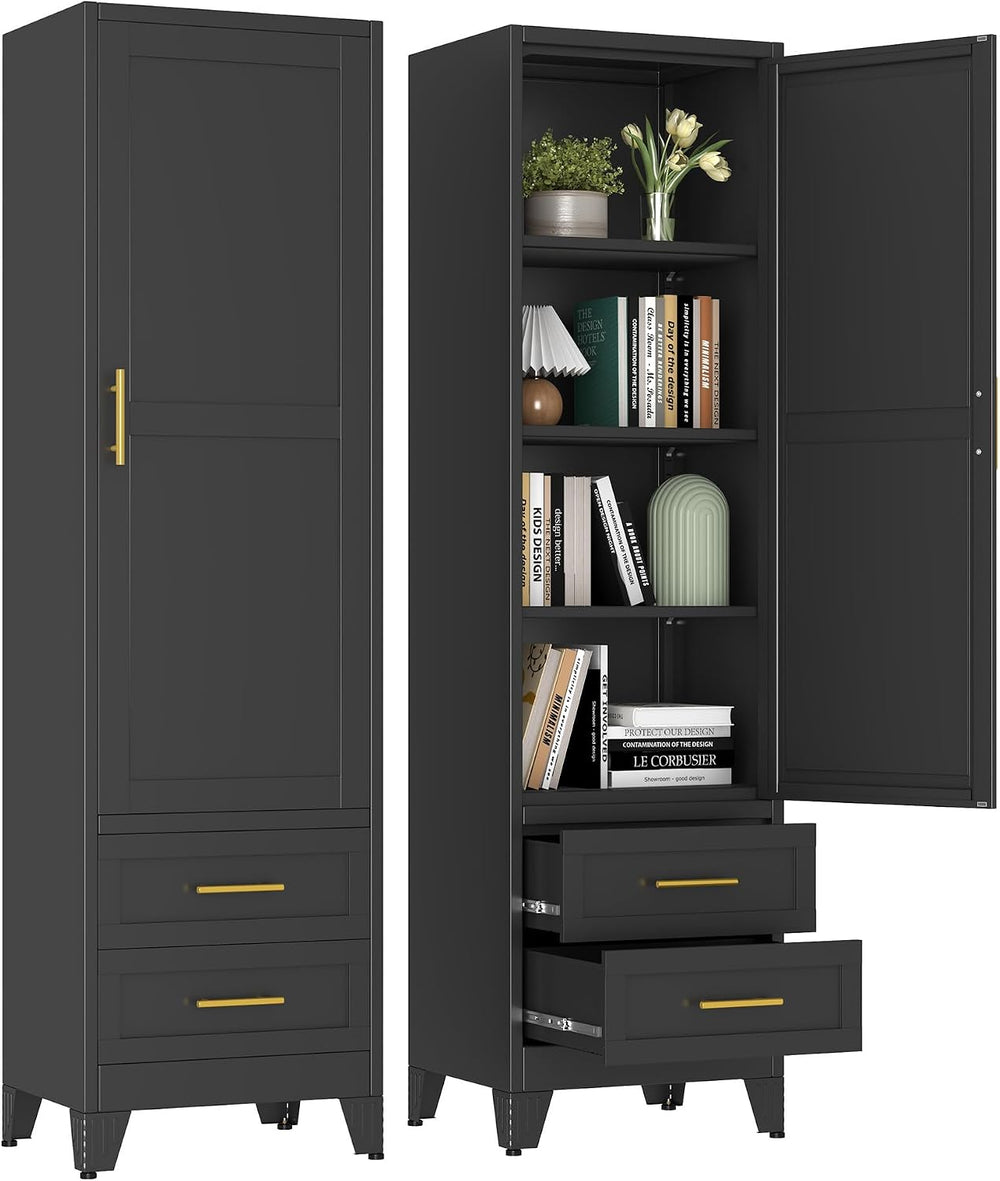 67" Tall Narrow Metal Storage Cabinet, Freestanding Pantry Organizer, Black