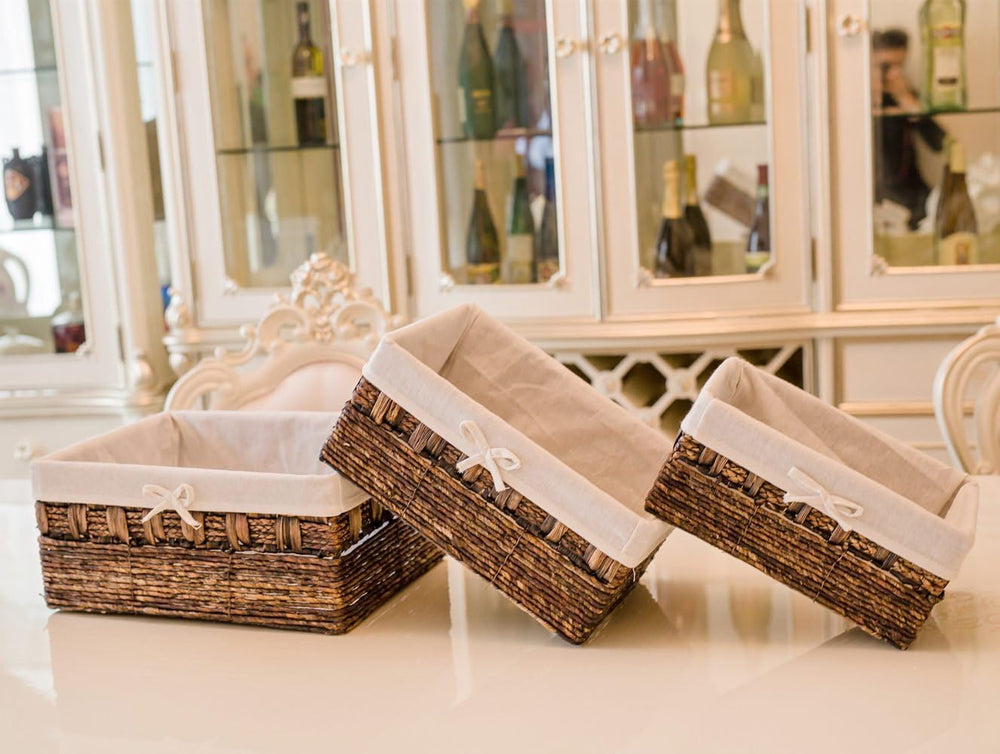 KINGWILLOW Set of 3 Woven Storage Basket, Rectangular Straw Basket for Shelves