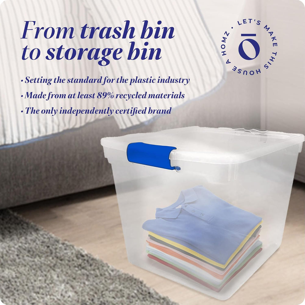 HOMZ Clear Plastic Storage Bins with Latching Lids, 31 Qt, Blue, 4 Pack