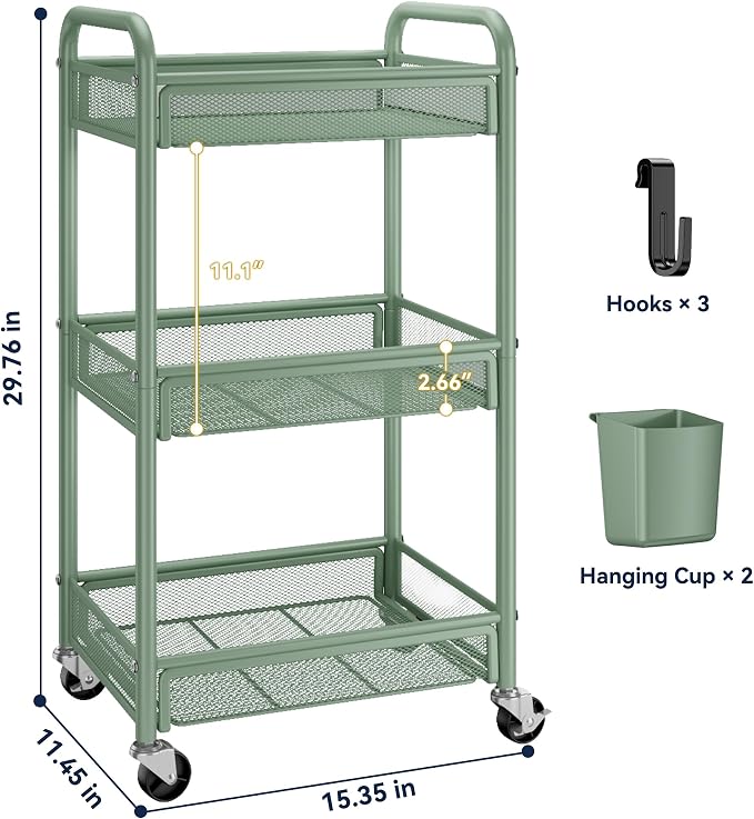 YASONIC 3 Tier Rolling Cart – Metal Utility Storage Cart