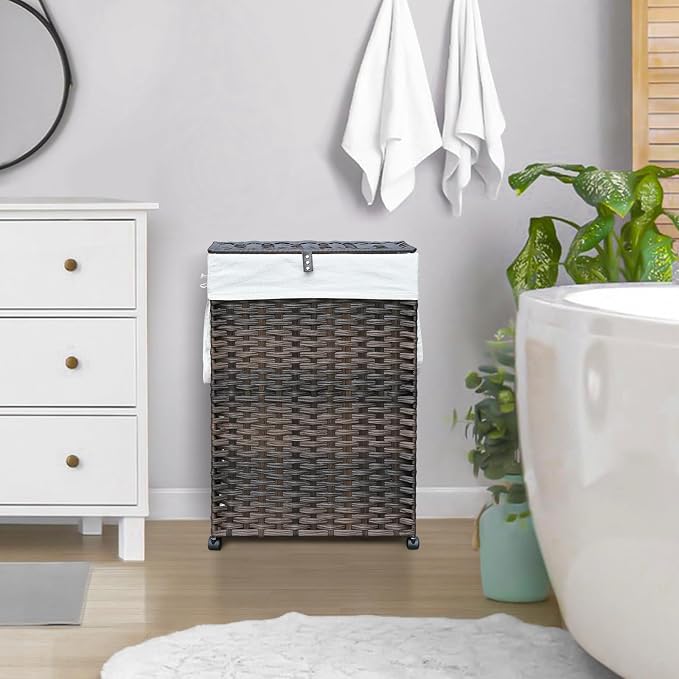 70L Slim Laundry Hamper with Lid & Wheels, 2-Park Rolling Laundry Basket ...