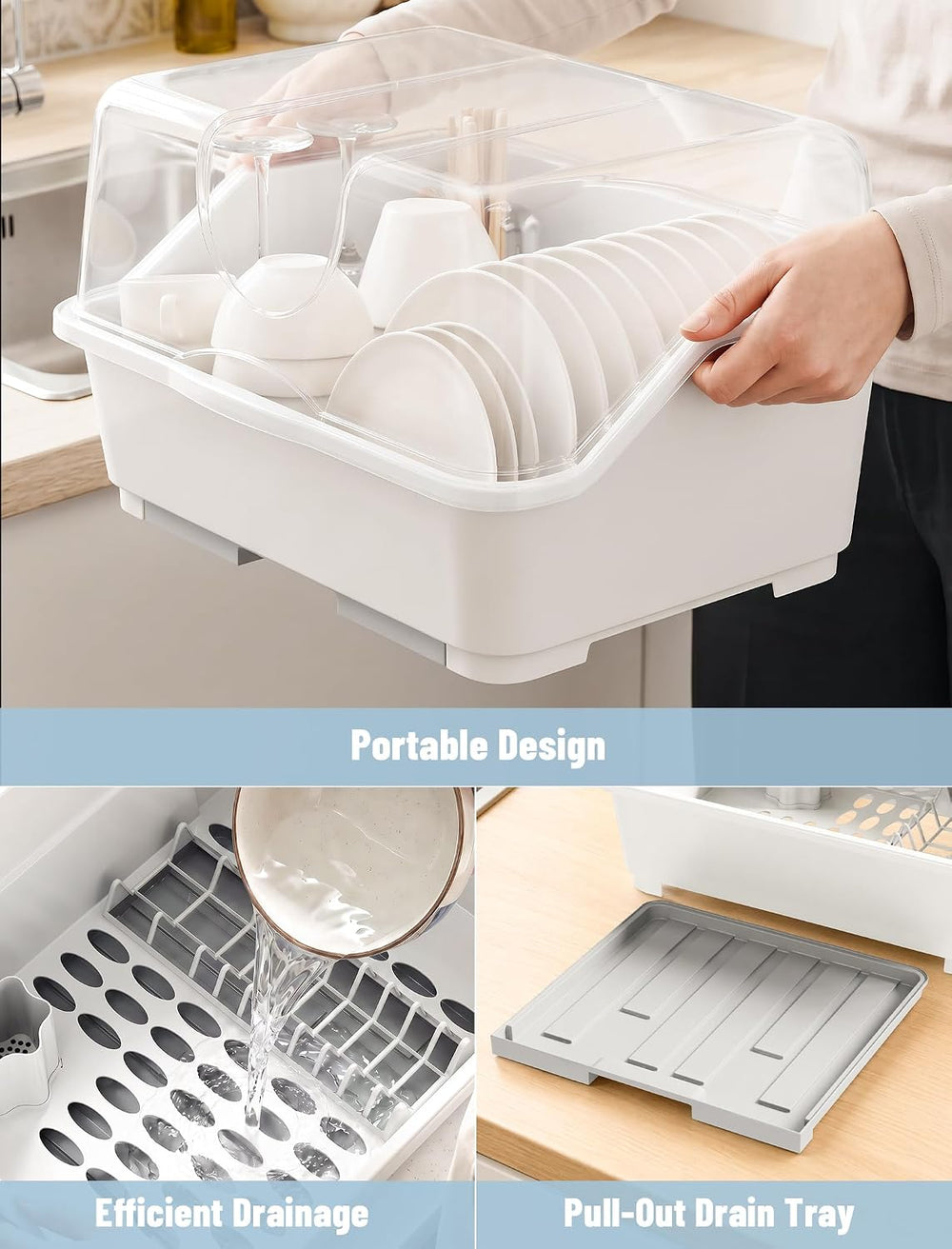 Tomorotec Plastic Dish Drying Rack & Drain Board with Lid Cover Light White