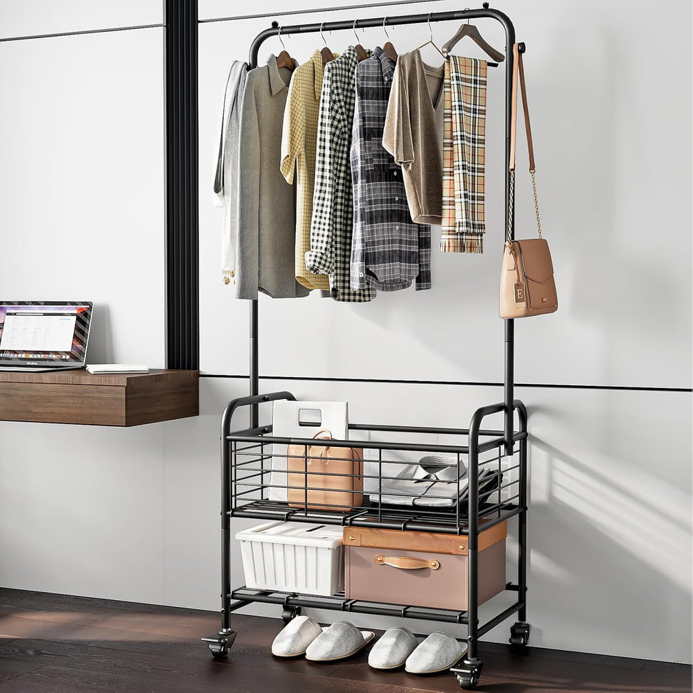 SUOERNUO Laundry Cart with Basket Hanging Rack Sorter with Wheels Shelf