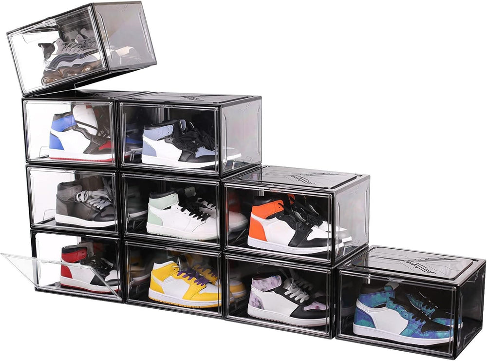 KDOR Shoe Boxes Black Plastic Stackable 10 Pack Sneaker Storage Boxes with Ma...