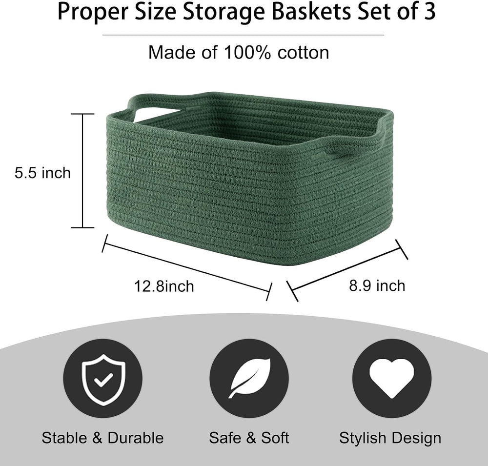 OIAHOMY 3 Pack Storage Baskets for Shelves Cotton Rope Storage Bins Green