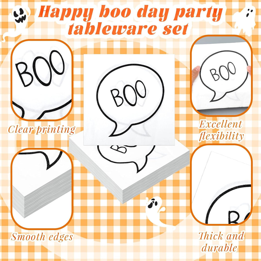 Yungyan 144 Pcs Halloween Paper Plates and Cups Ghost Plates Boo Napkins