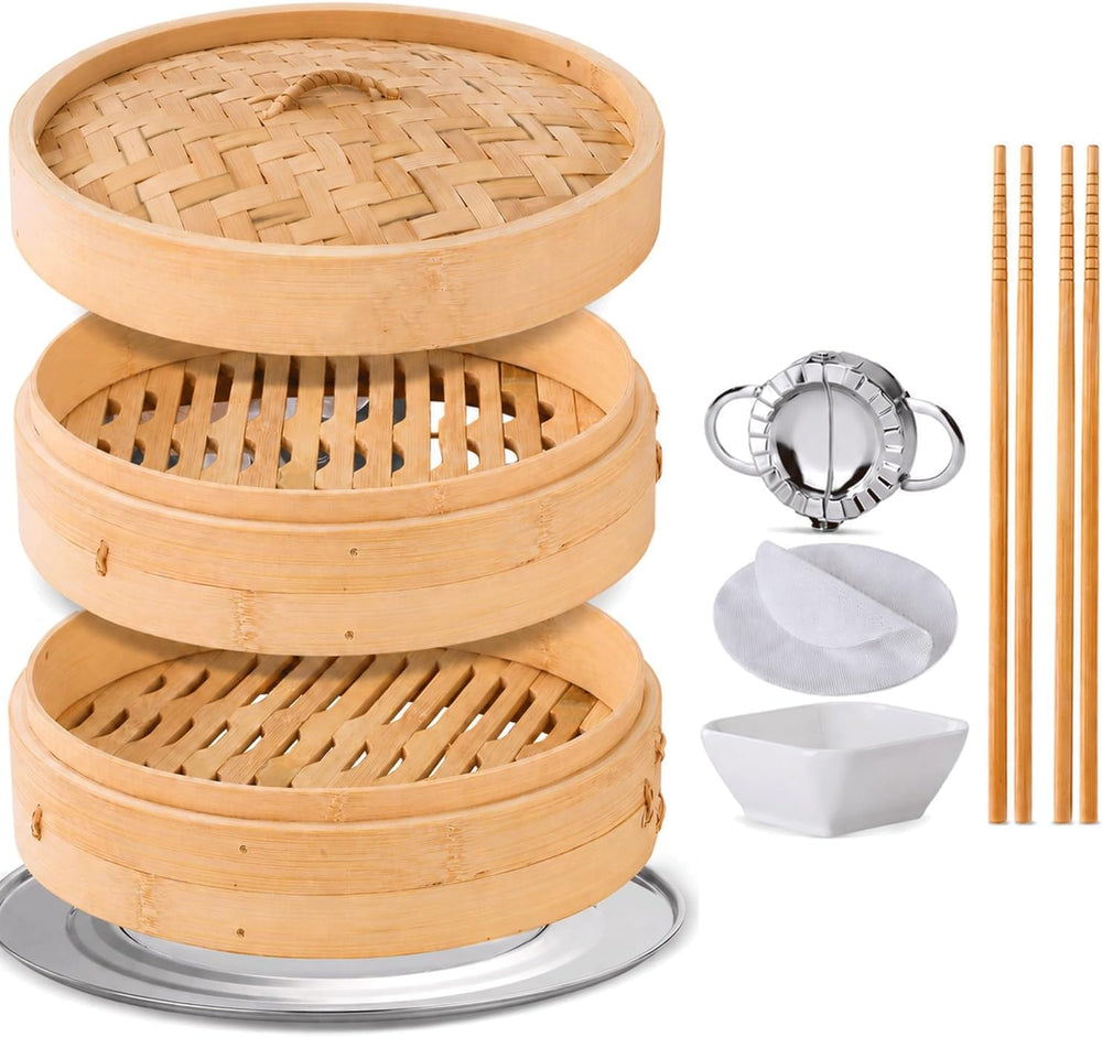 Bamboo Steamer Basket 10 Inch, 2-Tier Dumpling Steamer for Bao Buns, Dim Sum,...