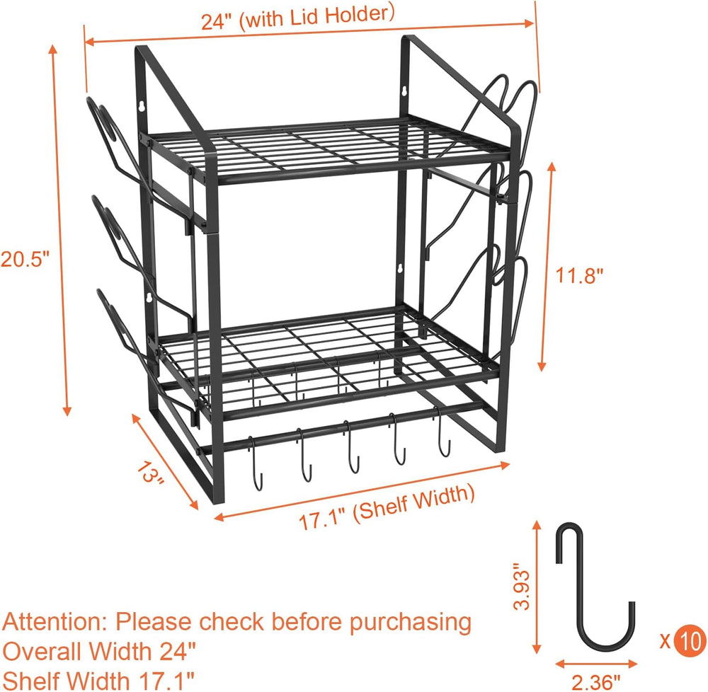 VyGrow 17 Inch Pot Rack Wall Mounted, 2 Tier Pots and Pans Organizer with 10 ...
