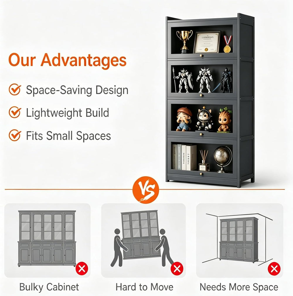 Display Cabinet with Doors, 4-Tier Bamboo Curio Cabinet for Small Space, Figu...