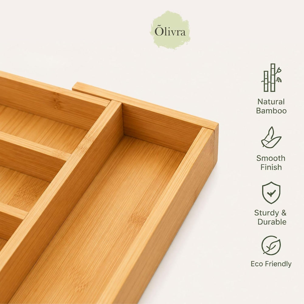 Bamboo Expandable Drawer Organizer for Utensils Holder, Adjustable Cutlery Tr...