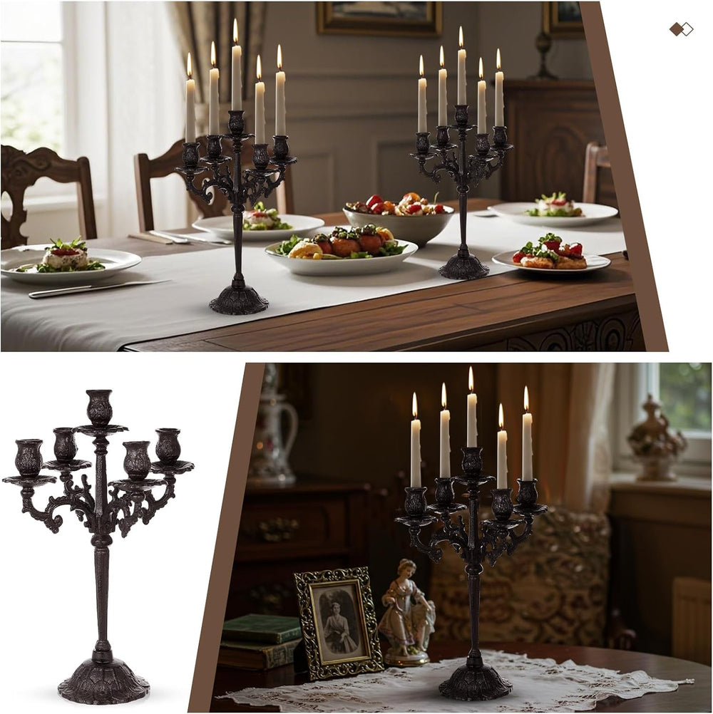 Mumufy 2 Pcs 5 Arm Black Halloween Candelabra 16.7" Tall Cast Iron Vintage