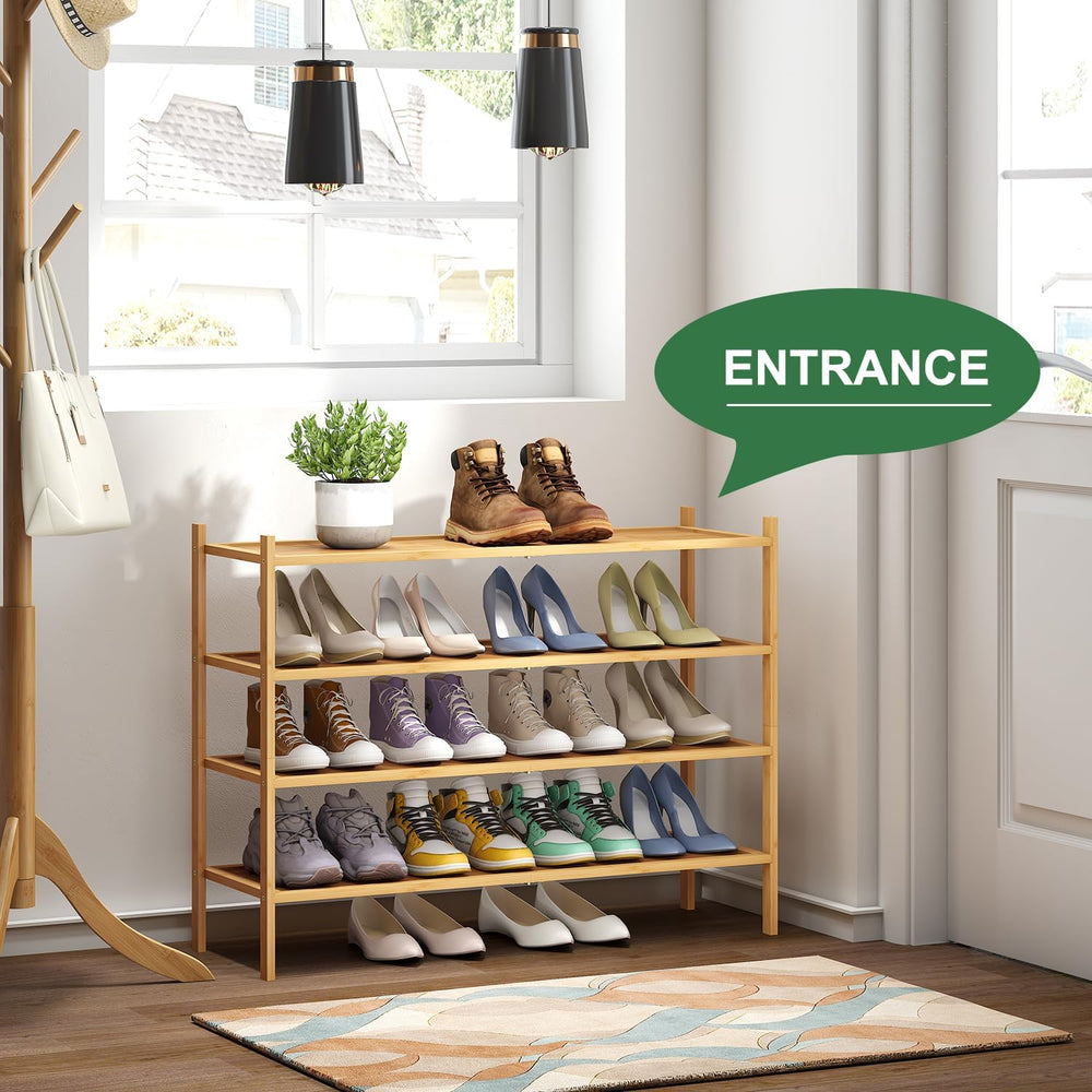 kiplant Long Shoe Rack, 4-Tier Bamboo Wood Shoe Rack, Stackable for Closet, E...