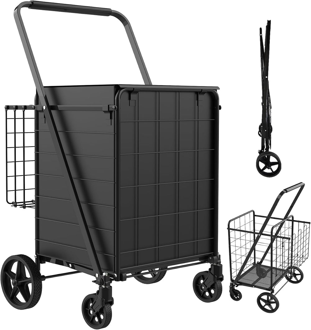 Foldable Shopping Cart with Waterproof Bag, Swivel Wheels & Double Basket