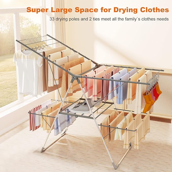 Bigzzia Clothes Drying Rack Foldable, 2-Level Large Laundry Drying Rack