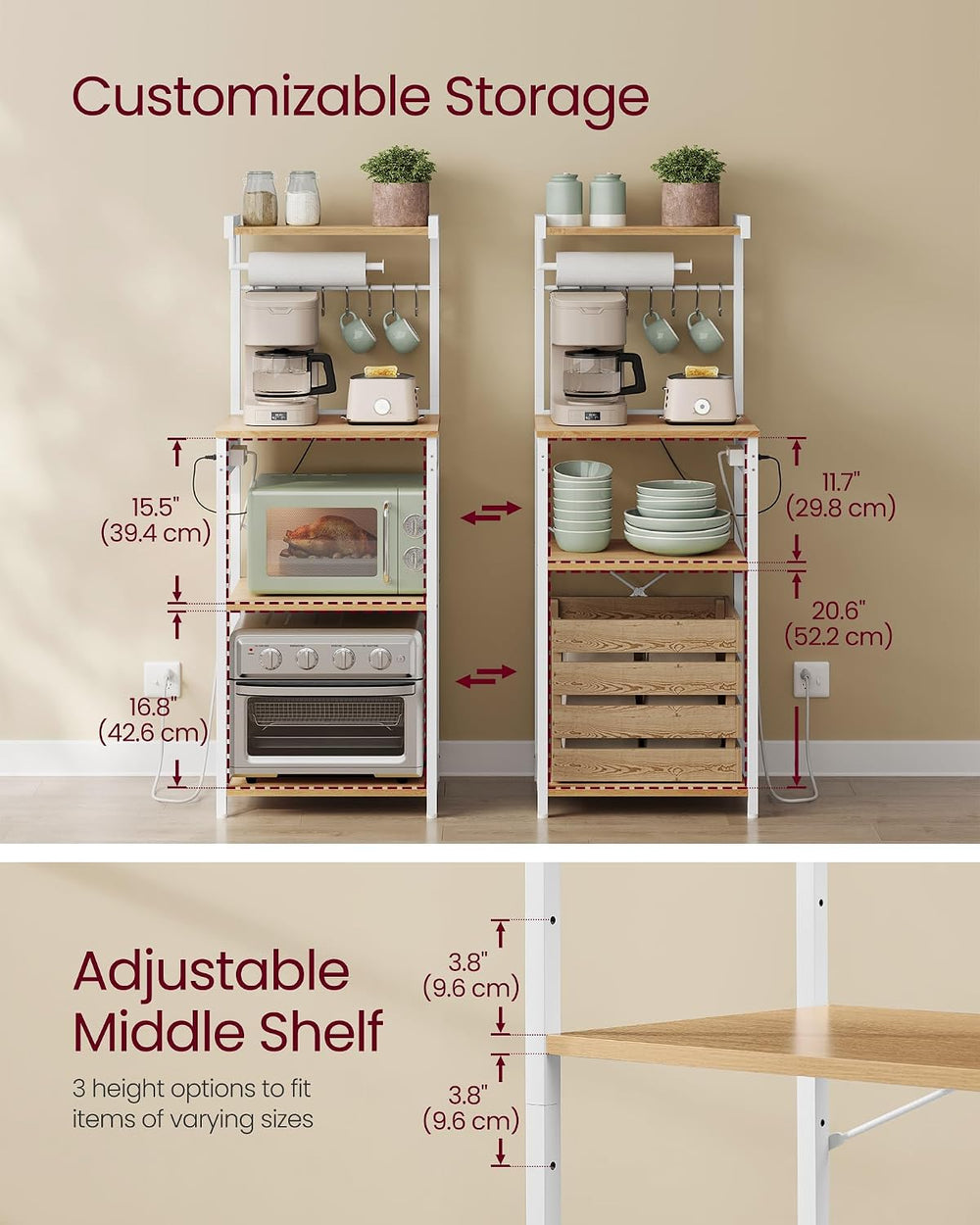 VASAGLE 4-Tier Kitchen Bakers Rack with Power Outlet, 17.7-Inch Wide