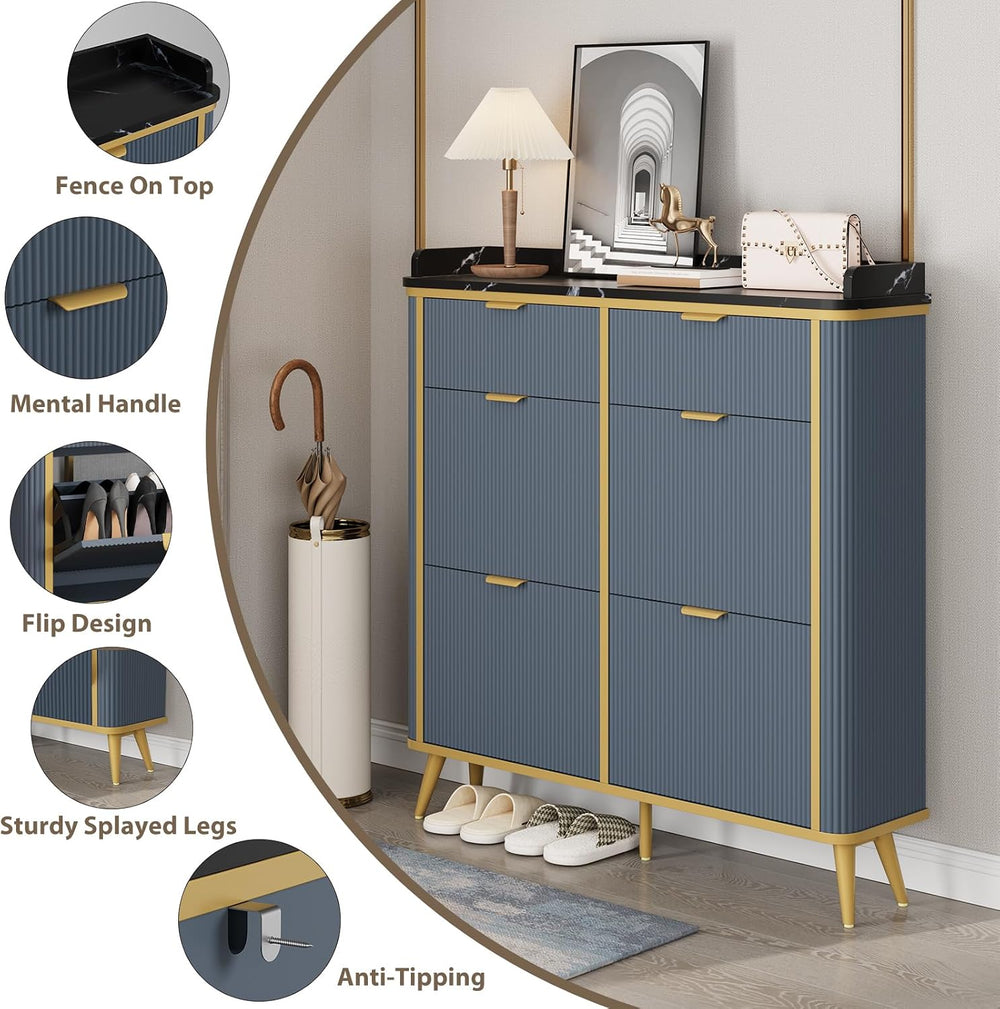 Fluted Shoe Storage Cabinet with 4 Flip Drawers & 2 Drawers, Freestanding...