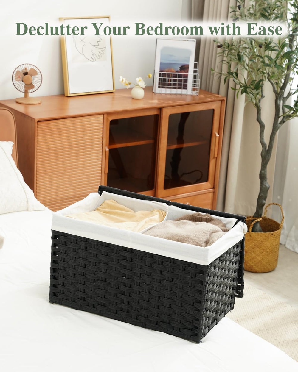 Storage Basket with Lid PE Rattan Woven Storage Bins, 65L Black