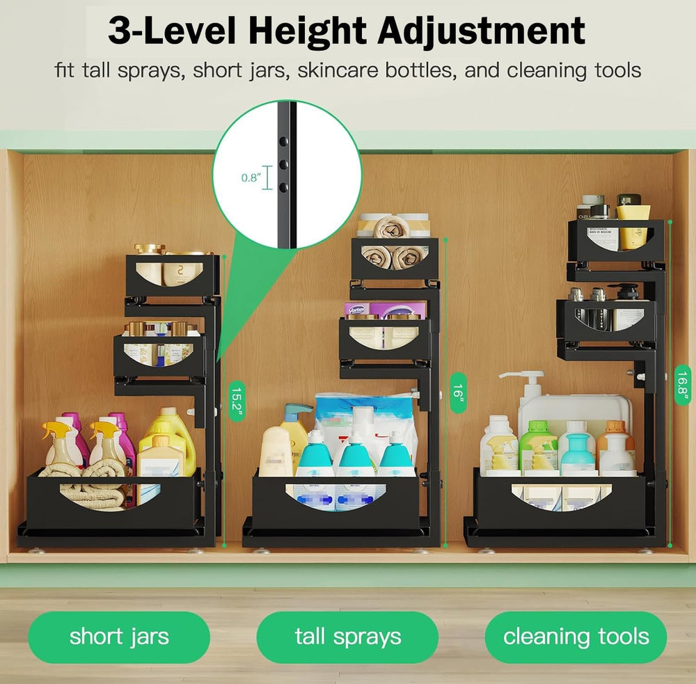 Under Sink Organizer, 2-Pack 3-Tier Pull Out Cabinet Organizers and Storage