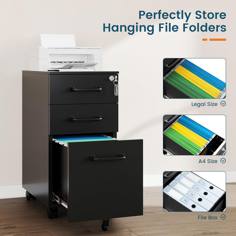 MIIIKO File Cabinet 3 Drawers on Wheels Under Desk, Black Metal File Cabinets...