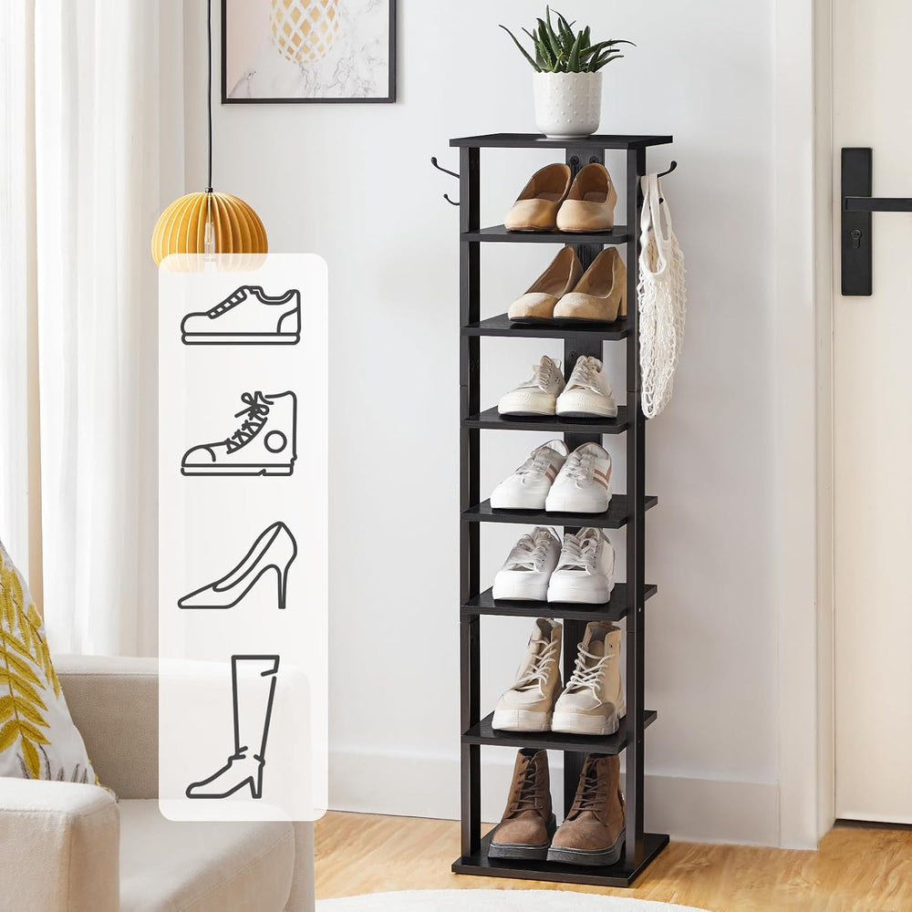 HOOBRO 8 Tiers Vertical Shoe Rack, Wooden Shoe Storage Organizer with Hooks, ...
