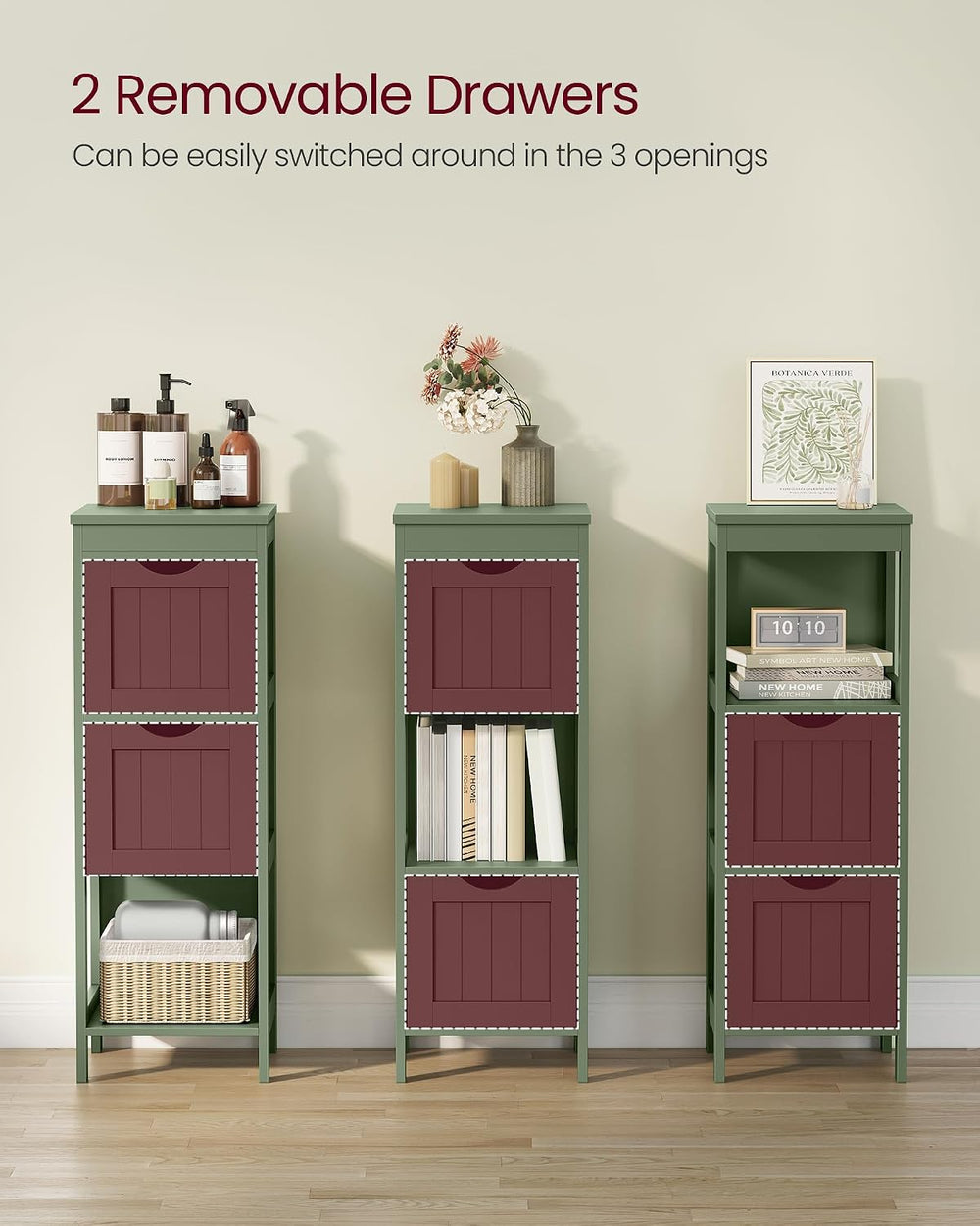 VASAGLE Bathroom Floor Cabinet, 2 Drawers, 35" H, Forest Green