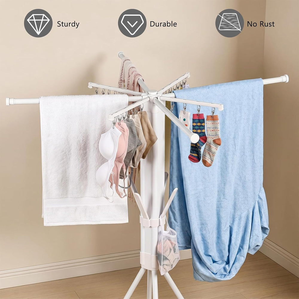 Foldable Four-Legged Clothes Drying Rack Extendable with 16 Clips