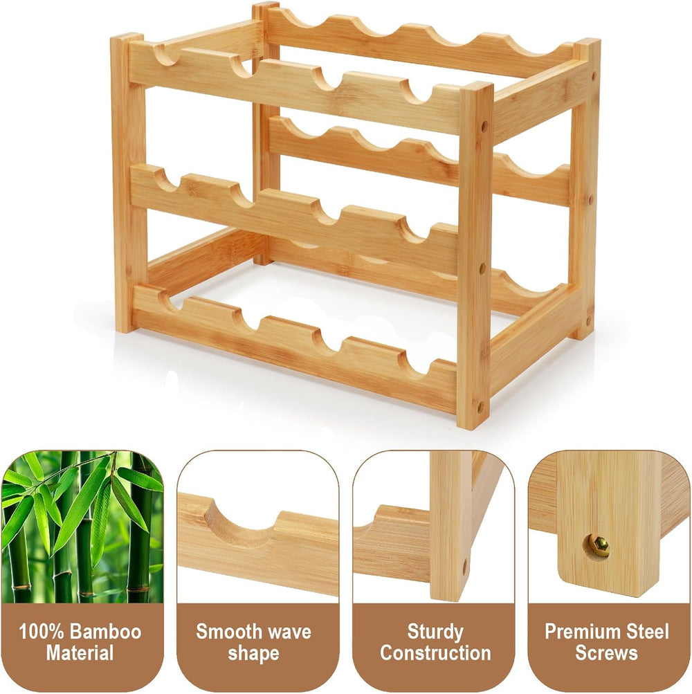 Bamboo Wine Rack, 3-Tier 12 Bottles Wine Storage Cabinet Shelf