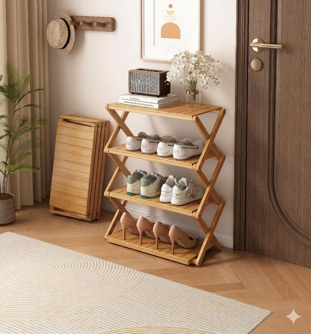 3 Tier Foldable Shoe Rack, No-Assembly Bamboo Shoe Organizer Multifunctional ...