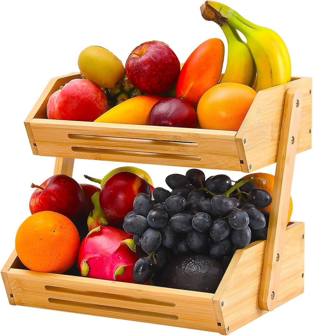 2-Tier Bamboo Fruit Basket - 11" Tall Kitchen Countertop Stand