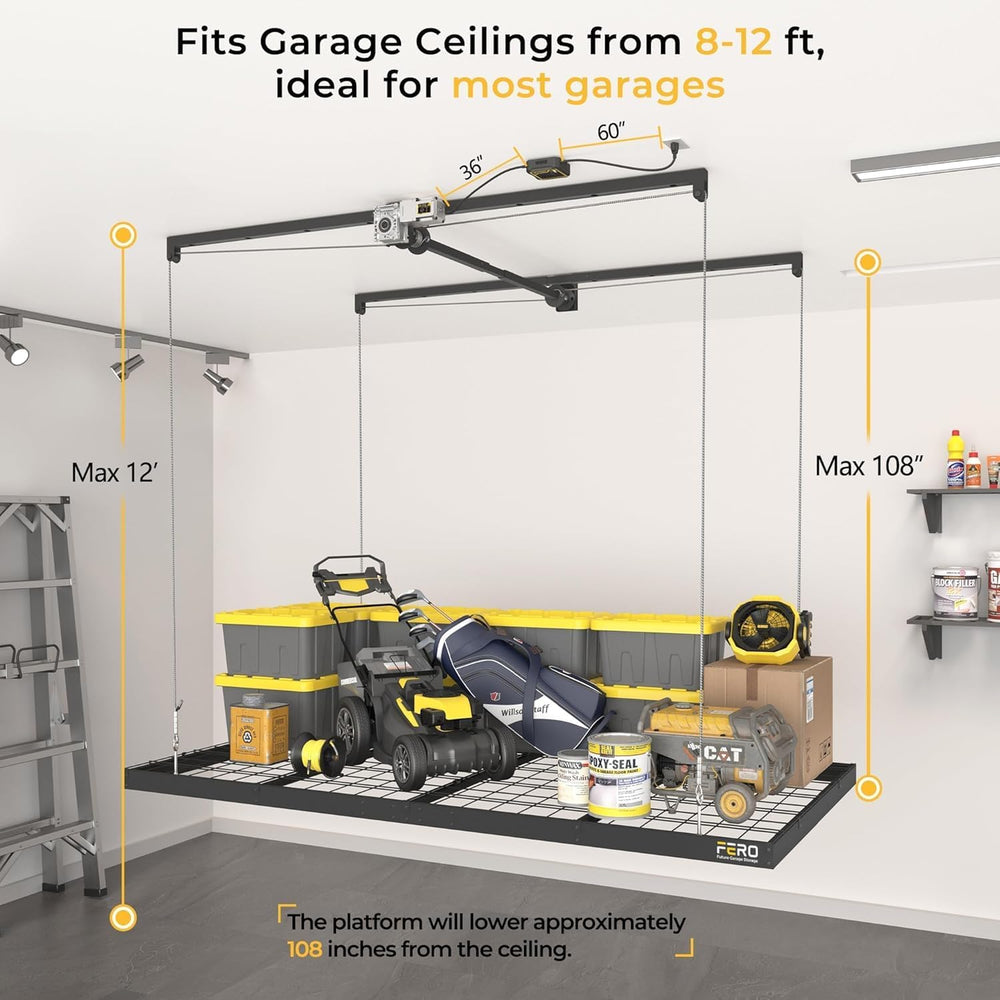 FERO Motorized Overhead Garage Storage Rack with Remote Control, Heavy-Duty C...