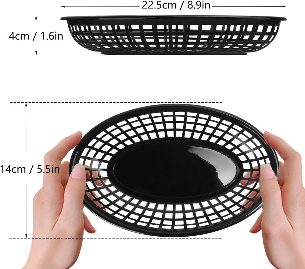 95 Pcs 9 x 5.7 Inch Reusable Black Oval Fast Food Baskets, Sturdy Plastic Pla...