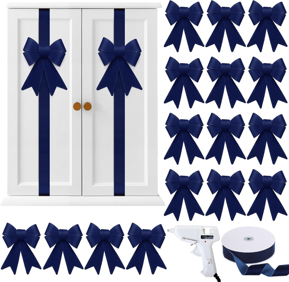 16pcs Blue Christmas Velvet Cabinet Bows for Kitchen