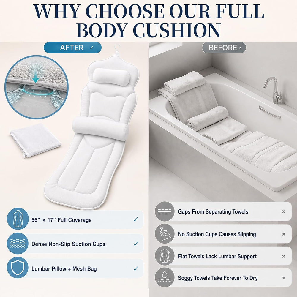 Extra Long Full Body Bathtub Pillow, Adjustable Lumbar Support, Fast Dry