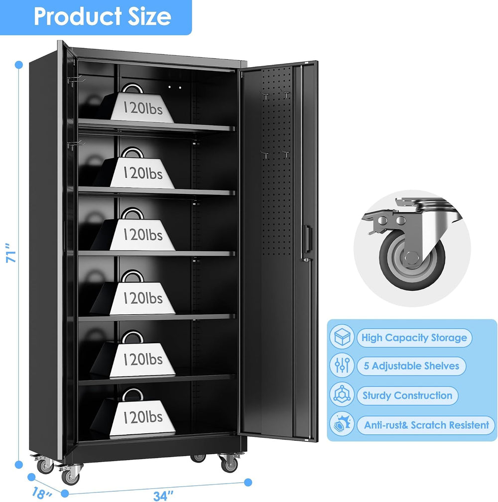 Wide & Deep 71"x34"Wx18 D Metal Garage Storage Cabinet Black