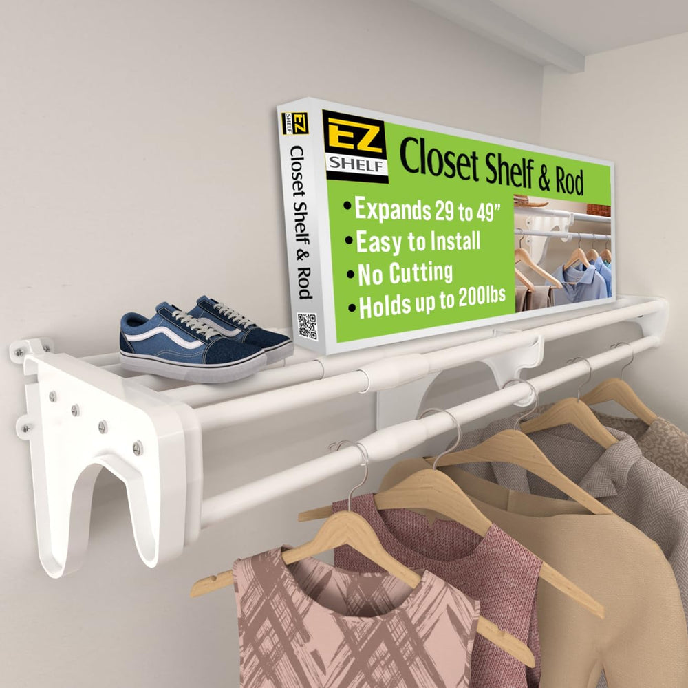 EZ SHELF - Closet Shelf with Hanging Rod - 29" to 49” Expandable, White,...