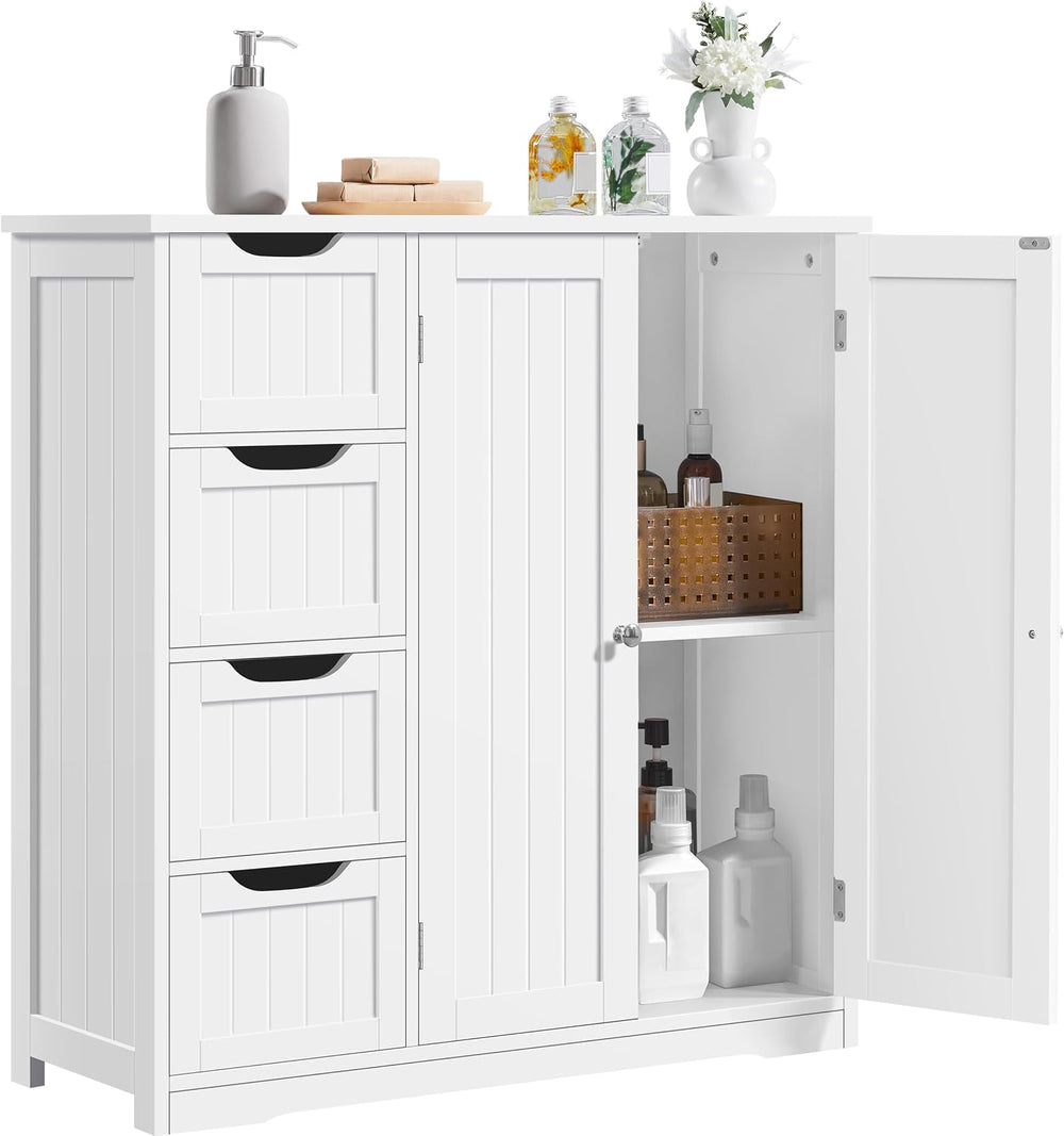 Yaheetech Small Bathroom Storage Cabinet with 4 Drawers & 2 Doors, White