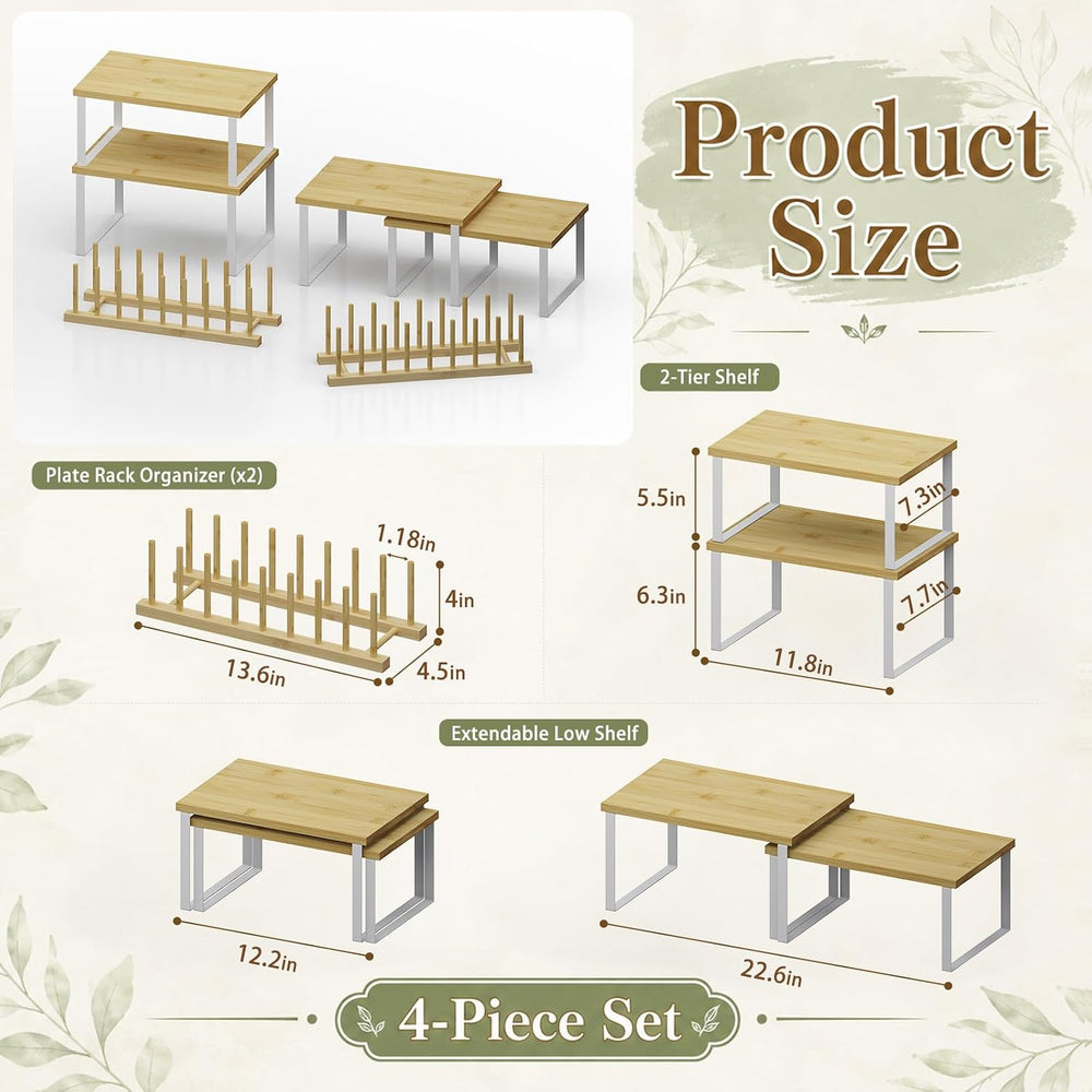 4 Pcs Kitchen Organizer Accessories Set for Cabinet, Classic, Natural Bamboo