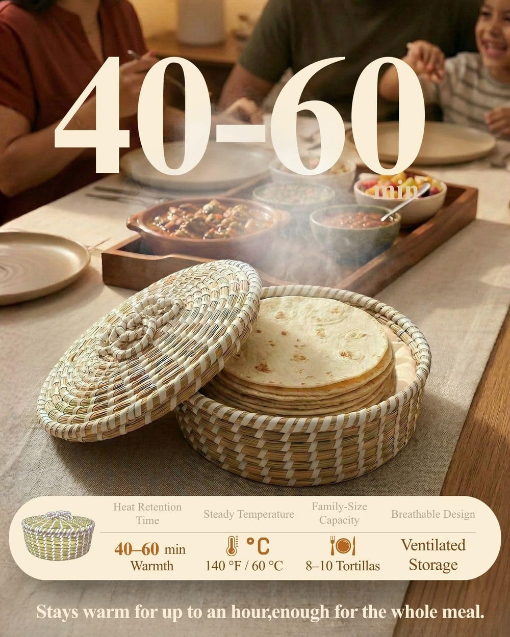 Handwoven Seagrass Tortilla Warmer Basket with Lid, 9.6" Breathable Natu...