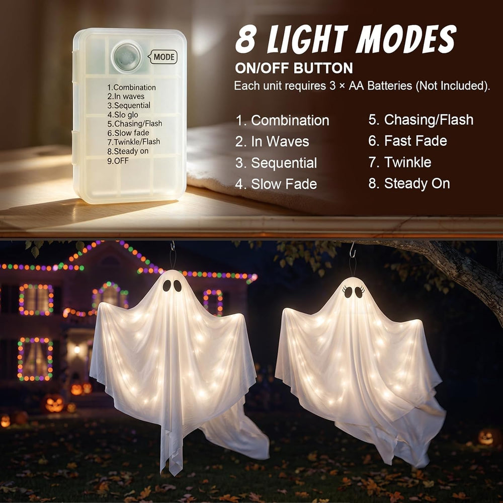 2 Pack 47.25" Light Up Hanging Ghost Halloween Decorations Outdoor Indoor
